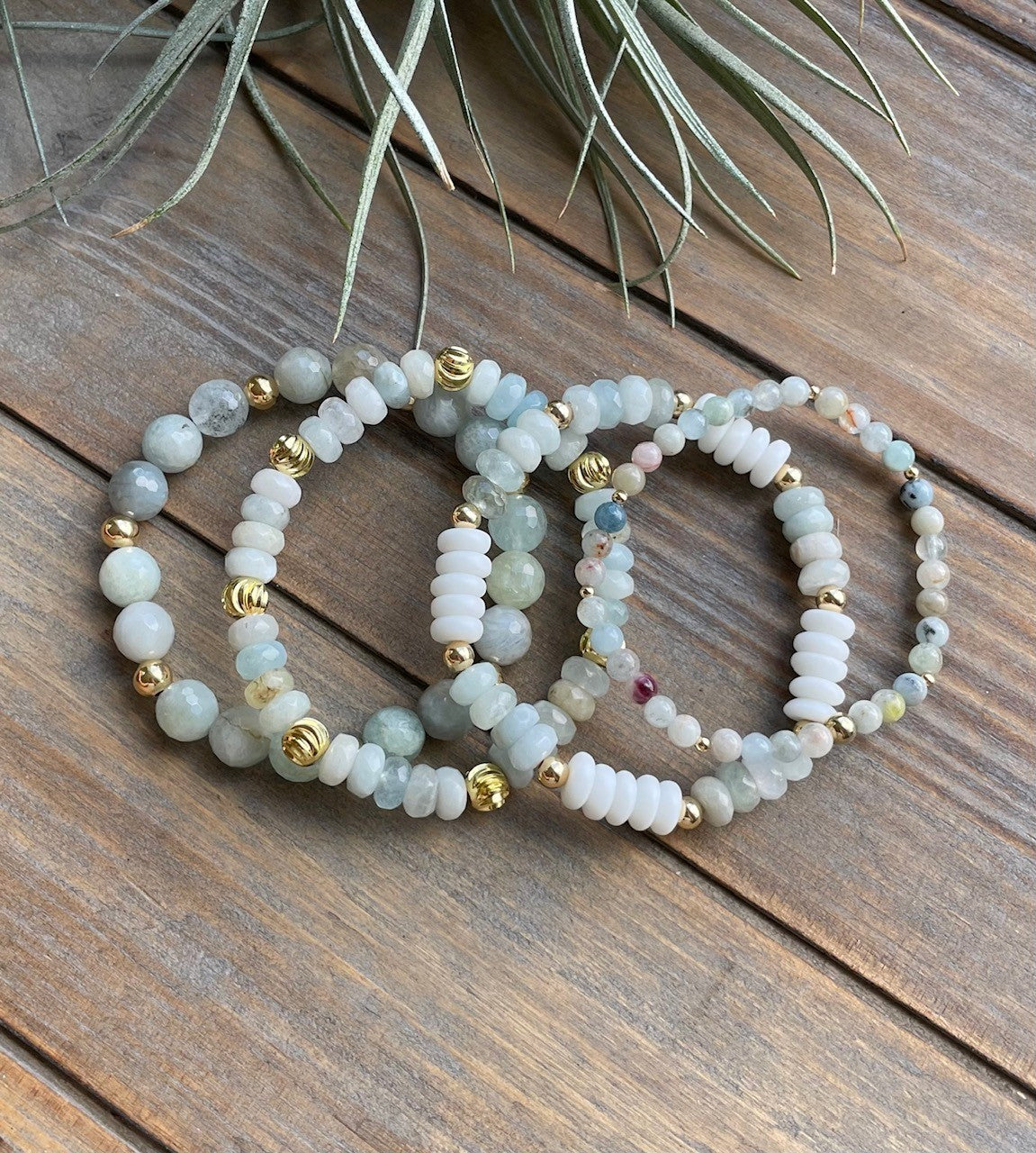 Aquamarine Faceted Rondelle and White Glass Bead Bracelet