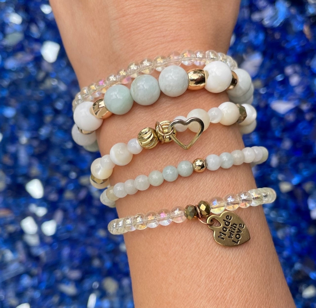 Burmese Jade and Shell 8mm Bead Bracelet