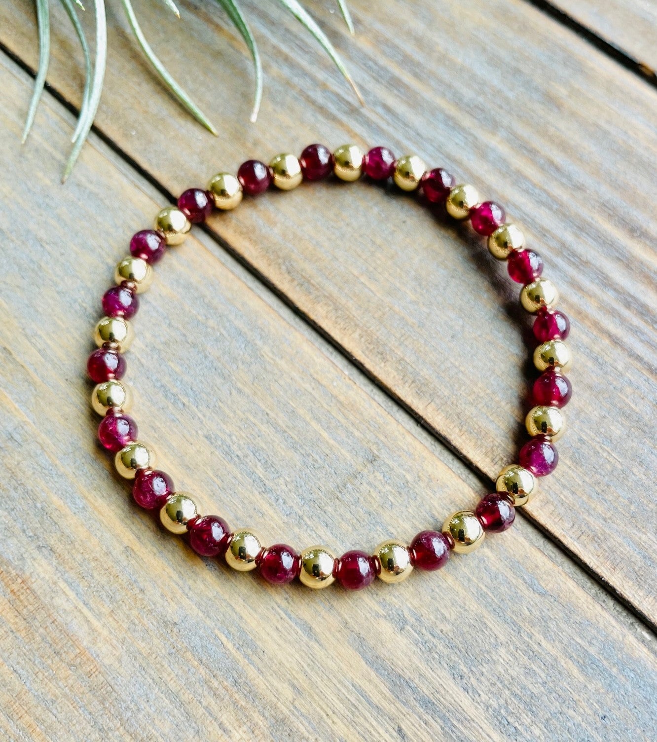 Garnet and Gold Dainty Round Bead Bracelet
