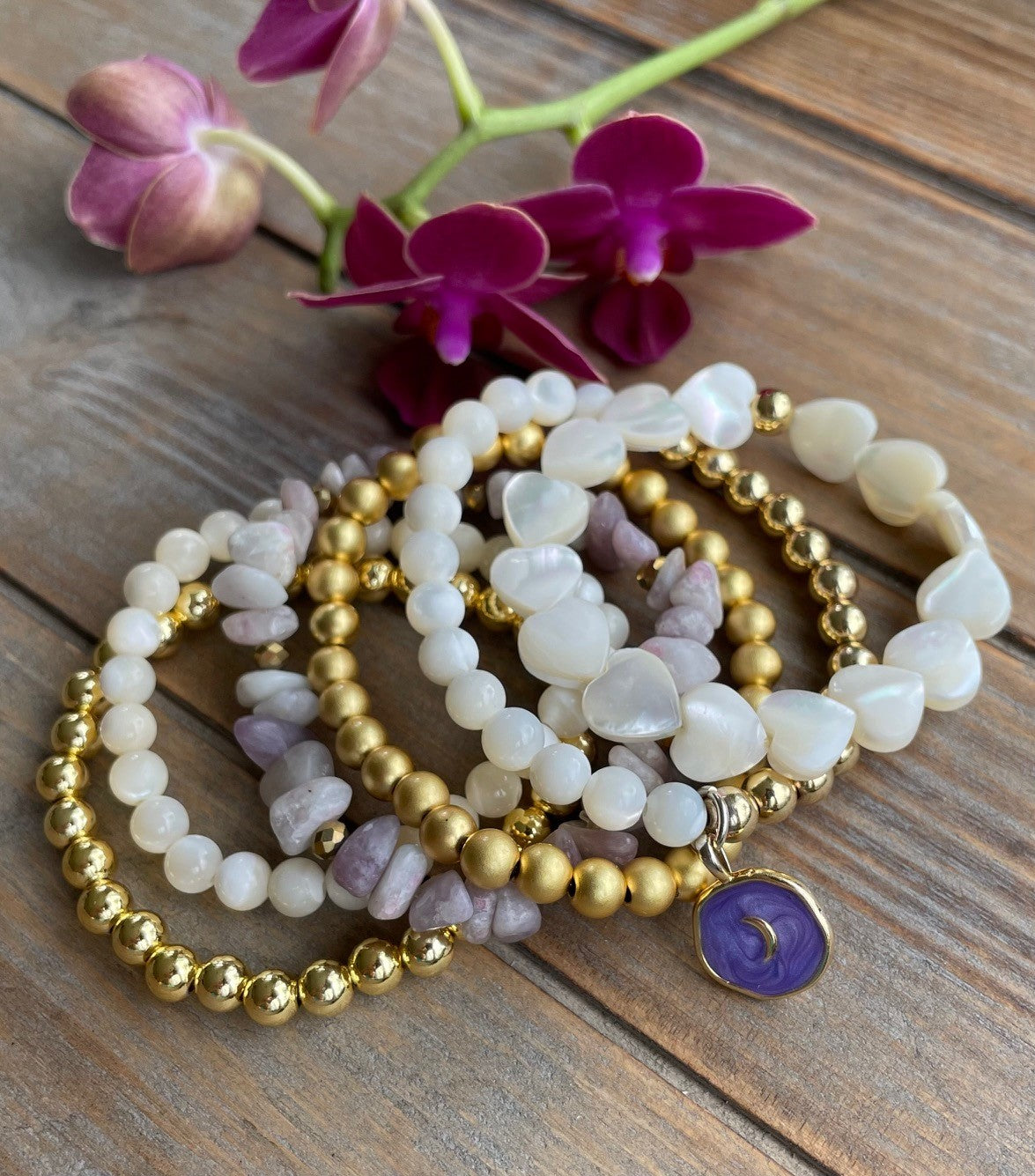 Mother of Pearl and Gold Two-Tone Bracelet with Lightning Bolt Charm