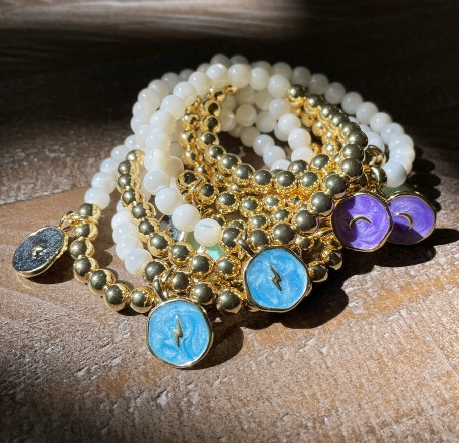 Mother of Pearl and Gold Two-Tone Bracelet with Lightning Bolt Charm