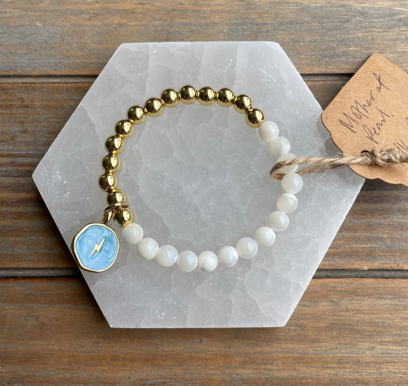 Mother of Pearl and Gold Two-Tone Bracelet with Lightning Bolt Charm