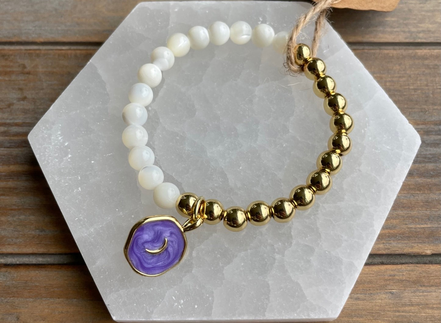 Mother of Pearl and Gold Two-Tone Bracelet with Moon Charm