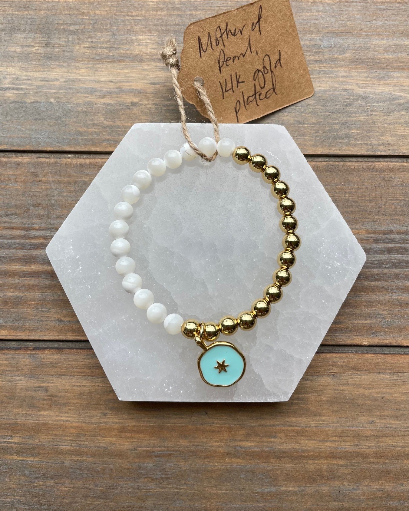 Mother of Pearl and Gold Two-Tone Bracelet with Star Charm w/Turquoise Background