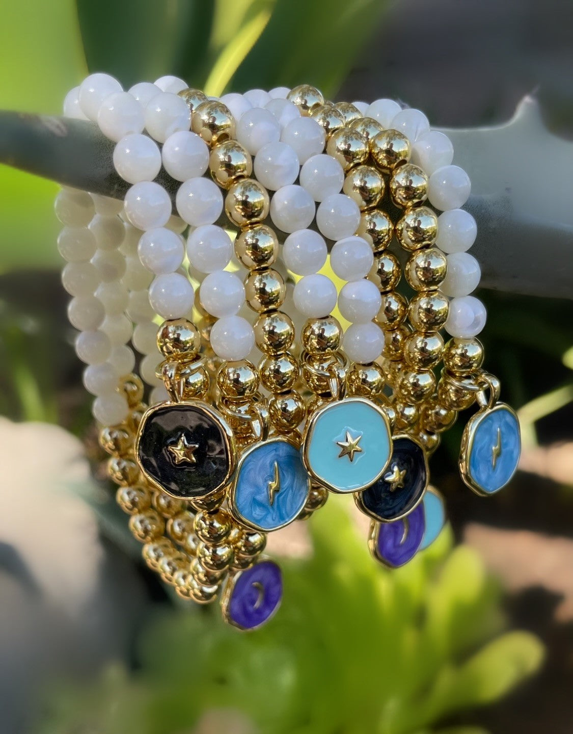 Mother of Pearl and Gold Two-Tone Bracelet with Moon Charm